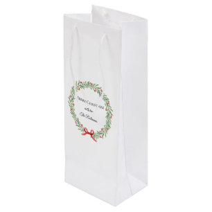 Botanical Christmas Wreath Modern Script  Wine Gift Bag