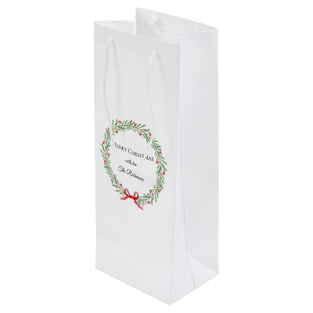 Botanical Christmas Wreath Modern Script  Wine Gift Bag (Back Angled)