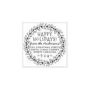Botanical Christmas Wreath Name & Return Address Rubber Stamp