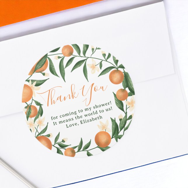 Botanical citrus orange little cutie baby shower classic round sticker (Botanical citrus orange little cutie baby shower classic round sticker)