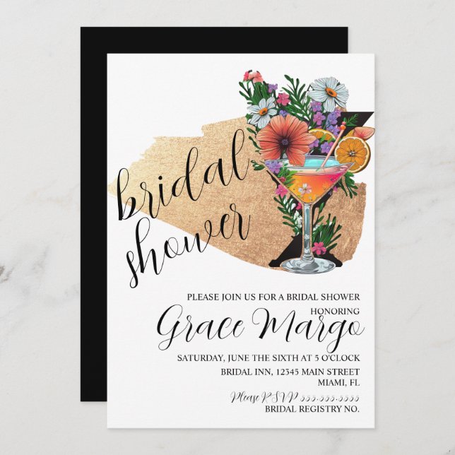 Botanical Cocktail Glitter Black Bridal Shower   Invitation (Front/Back)