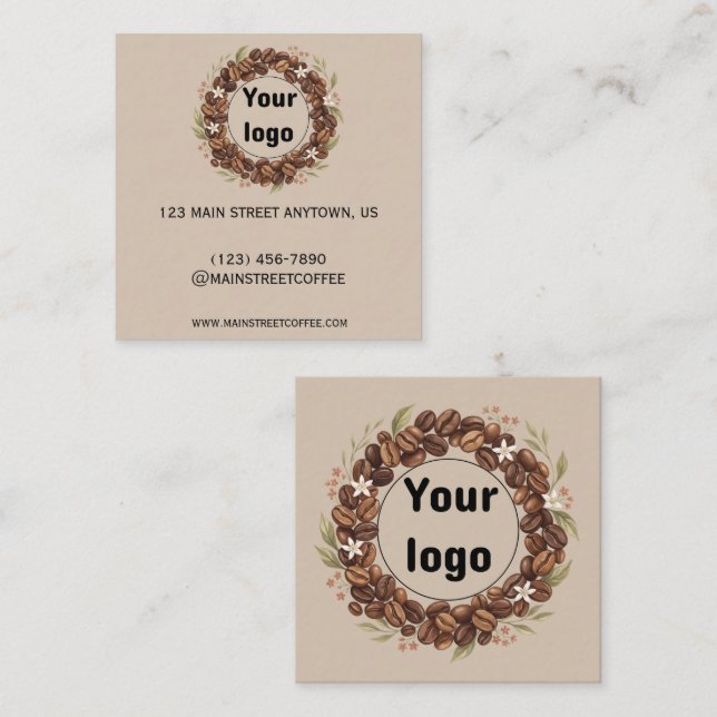 Botanical Coffee Bean Wreath Custom Logo Square Business Card (Front/Back)