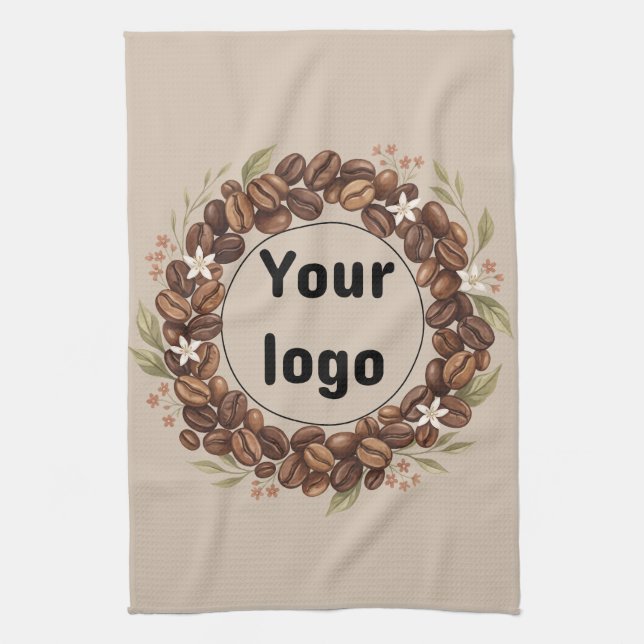 Botanical Coffee Bean Wreath Custom Logo Tea Towel (Vertical)