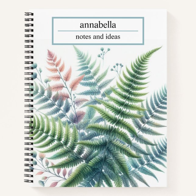Botanical Colourful Fern Leaves Watercolor  Notebook (Front)