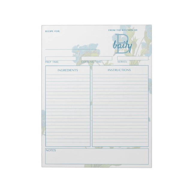 Botanical Commelina Customisable Recipe Notepad (Rotated)
