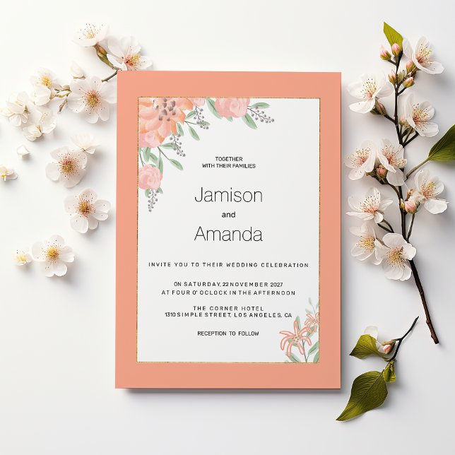 Botanical coral mint gold spring floral Wedding Invitation (Botanical coral mint gold spring floral Wedding )