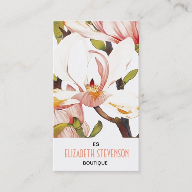 Botanical Coral Pink Magnolia Flowers Floral Art Business Card (Front)