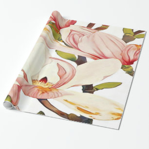 Botanical Coral Pink Magnolia Flowers Floral Art Wrapping Paper