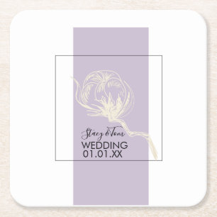 Botanical Cotton Plant Lavender Wedding Square Paper Coaster