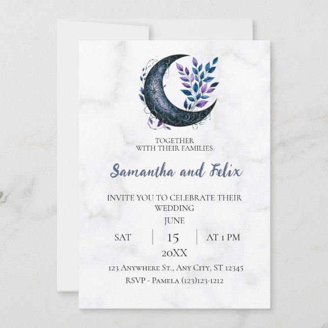 Botanical Crescent Moon Witchcraft Marble Wedding Invitation (Front)