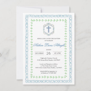Botanical Crest Blue Cross Baptism Invitation