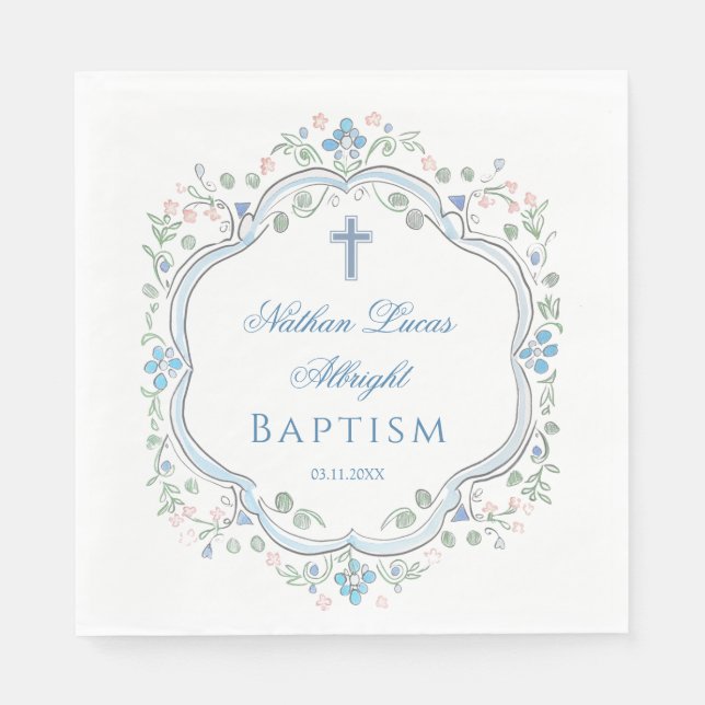 Botanical Crest Blue Cross Baptism Napkin (Front)