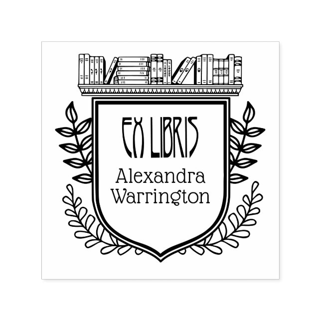 Botanical Crest Bookshelf Ex Libris Book Name Self-inking Stamp (Design)
