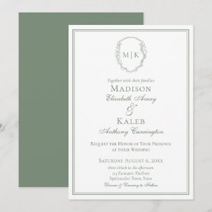 Botanical Crest Classic Elegant Monogram Sage Invitation