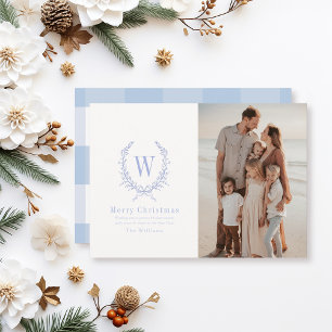 Botanical Crest Monogram Blue Christmas Photo Holiday Card
