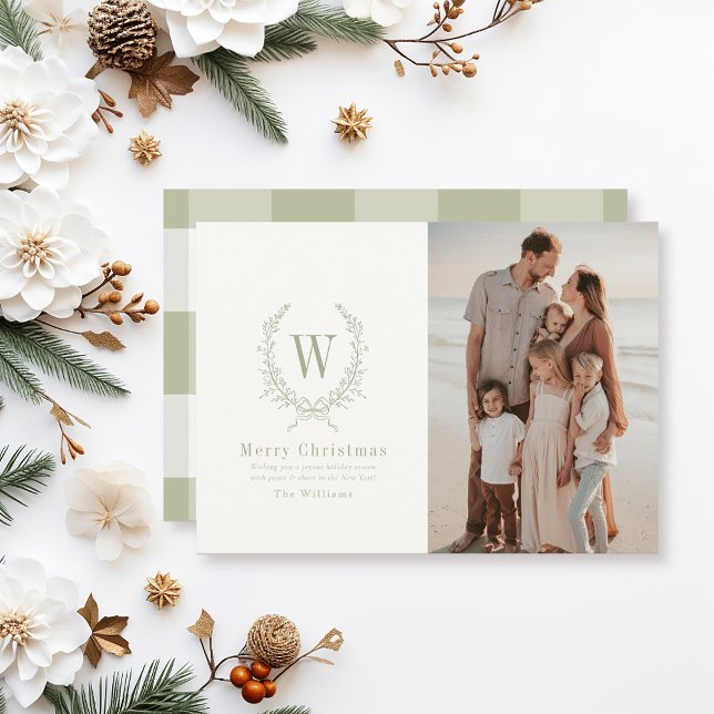 Botanical Crest Monogram Sage Christmas Photo Holiday Card (Creator Uploaded)