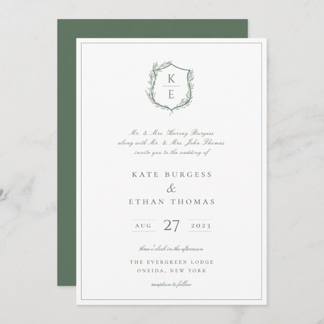 Botanical Crest Monogram Sage Green Wedding Invitation (Front/Back)