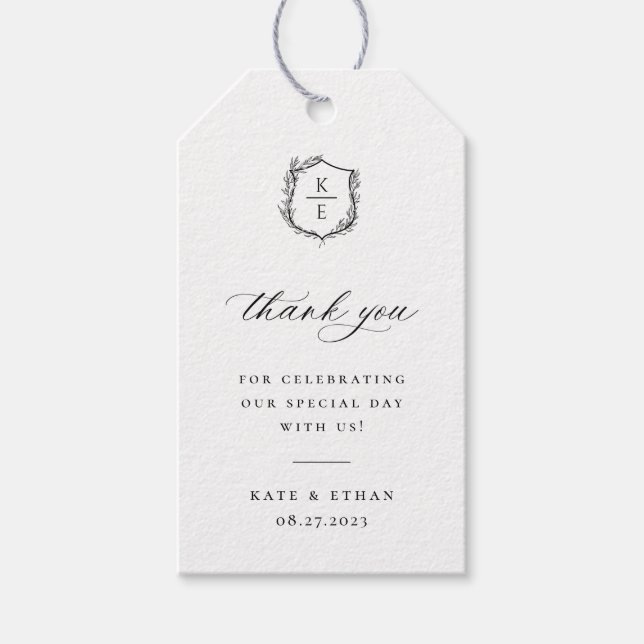 Botanical Crest Monogram Wedding Gift Tags (Front)