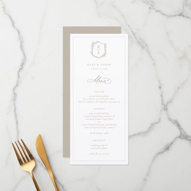 Botanical Crest Monogram Wedding Menu (Front/Back In Situ)