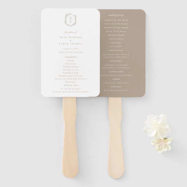 Botanical Crest Monogram Wedding Program Hand Fan (Front and Back)