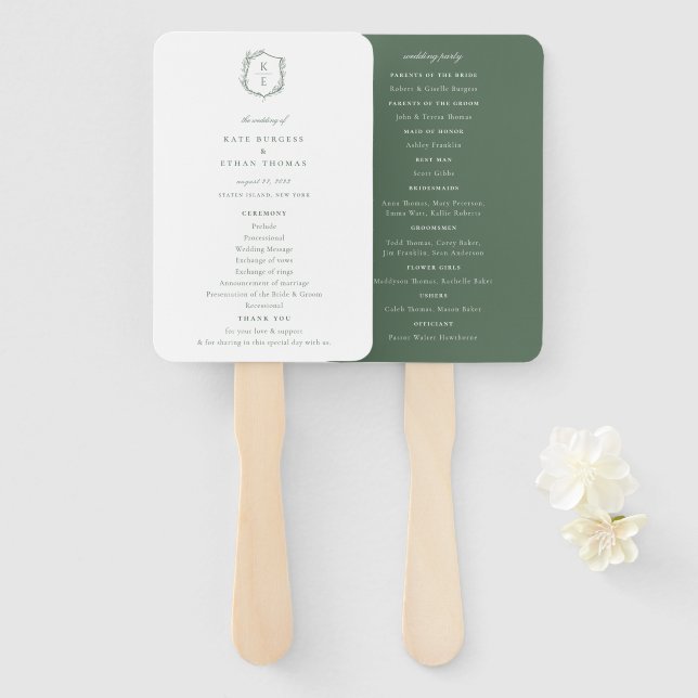 Botanical Crest Monogram Wedding Program Hand Fan (Front and Back)