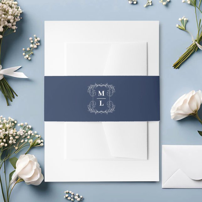 Botanical Crest Navy Blue & White Monogram Wedding Invitation Belly Band (Creator Uploaded)