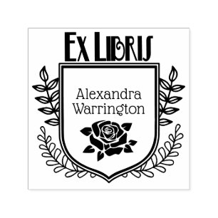 Botanical Crest Rose Ex Libris Book Name Self-inking Stamp