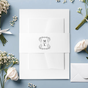 Botanical Crest White & Black Monogram Wedding Invitation Belly Band