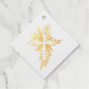 Botanical Cross Christening Thank You Real Gold Favour Tags