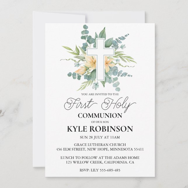 botanical cross first communion invitations (Front)