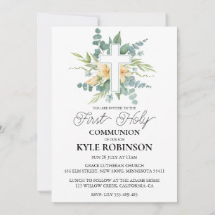 botanical cross first communion invitations