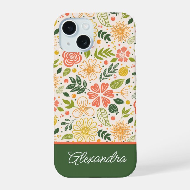 Botanical Cute Floral Pattern Script Name iPhone 15 Case (Back)