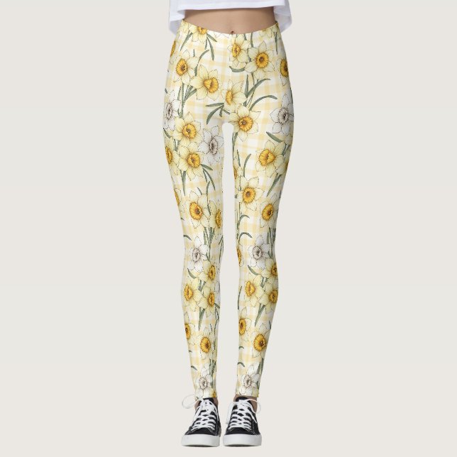 Botanical Daffodil Plaid Pattern Leggings (Front)
