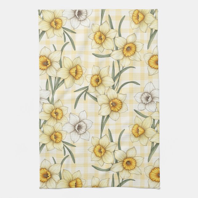 Botanical Daffodil Plaid Pattern Tea Towel (Vertical)