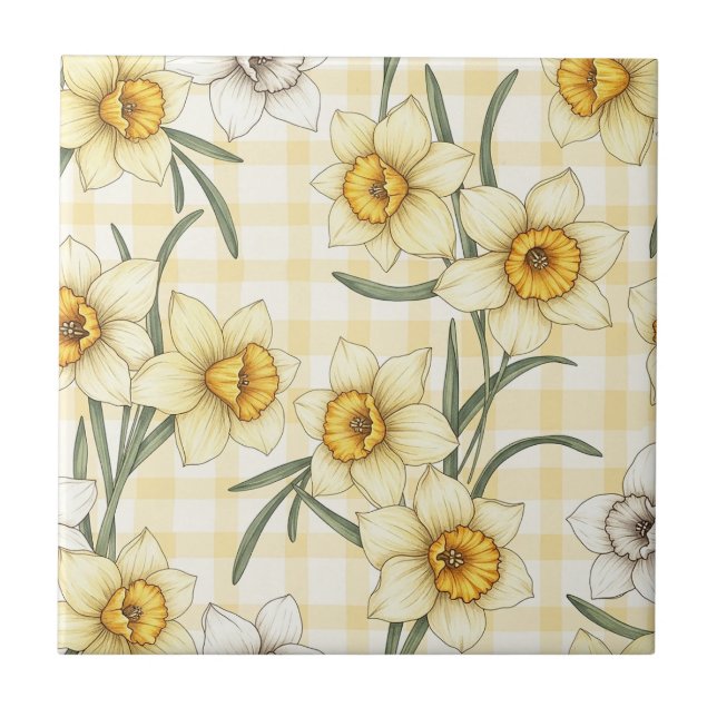 Botanical Daffodil Plaid Pattern Tile (Front)