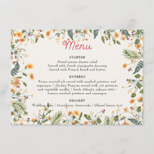 Botanical Daffodils Daisy Peony Flowers Wedding Menu