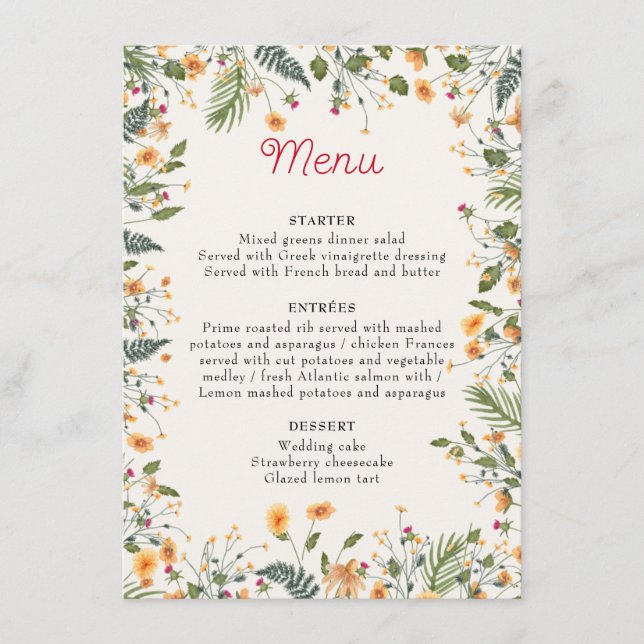 Botanical Daffodils Daisy Peony Flowers Wedding Menu (Front)