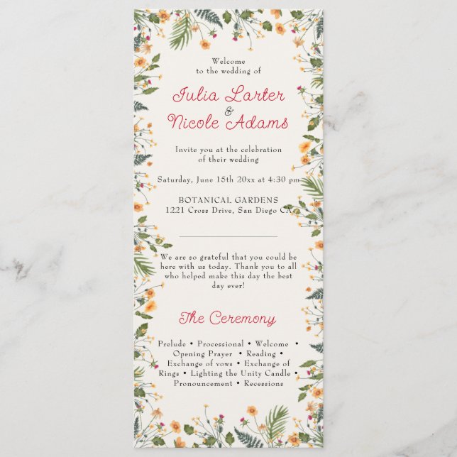 Botanical Daffodils Daisy Peony Flowers Wedding Programme (Front)