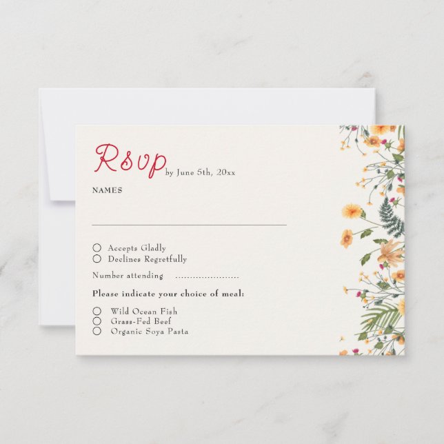 Botanical Daffodils Daisy Peony Flowers Wedding RSVP Card (Front)
