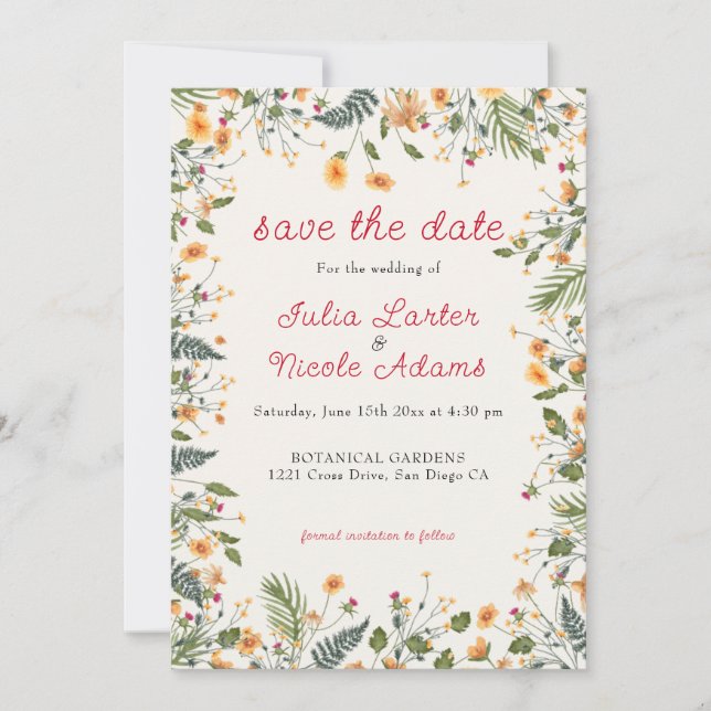 Botanical Daffodils Daisy Peony Flowers Wedding Save The Date (Front)