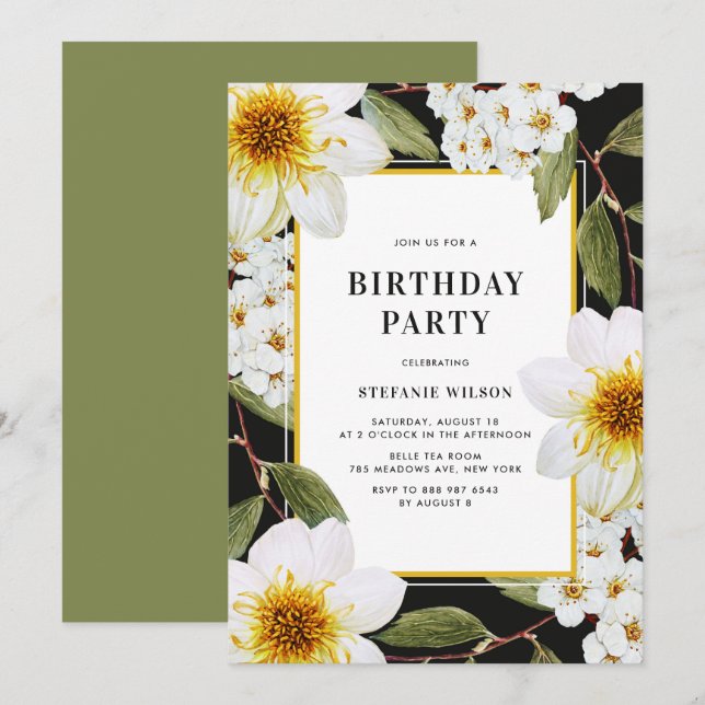 Botanical Dahlia and Spirea Floral Birthday Party Invitation (Front/Back)