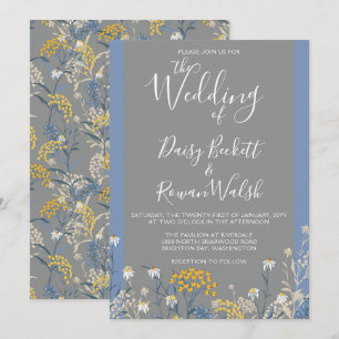 Botanical Daisy Floral Yellow & Navy Blue Wedding Invitation