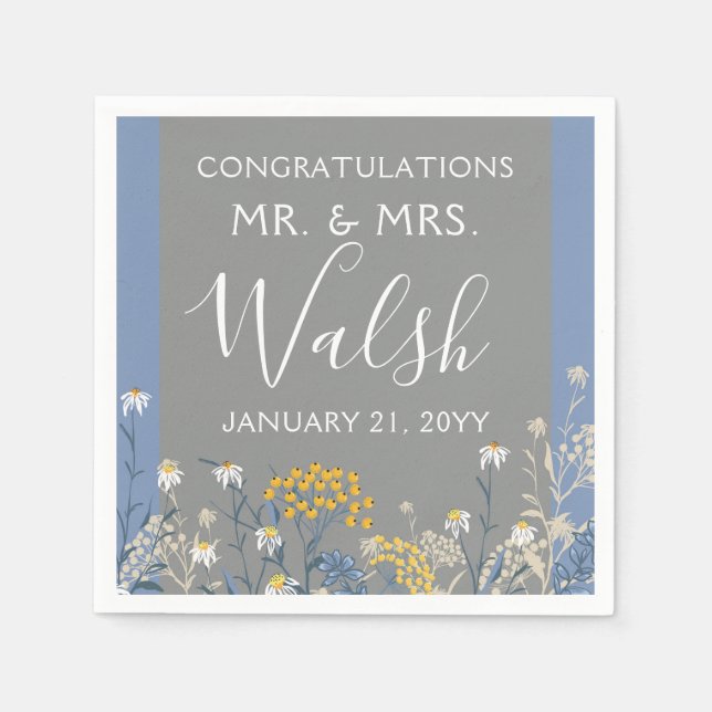 Botanical Daisy Floral Yellow & Navy Blue Wedding Napkin (Front)