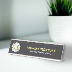 Botanical Daisy Flower Black Desk Name Plate