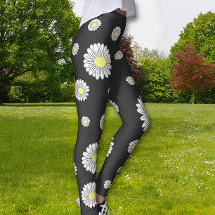 Botanical Daisy Flower Black Leggings