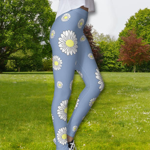 Botanical Daisy Flower Blue Leggings
