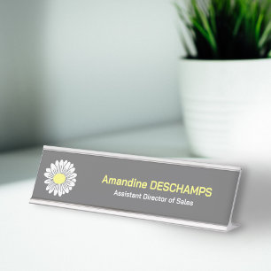 Botanical Daisy Flower Grey Desk Name Plate