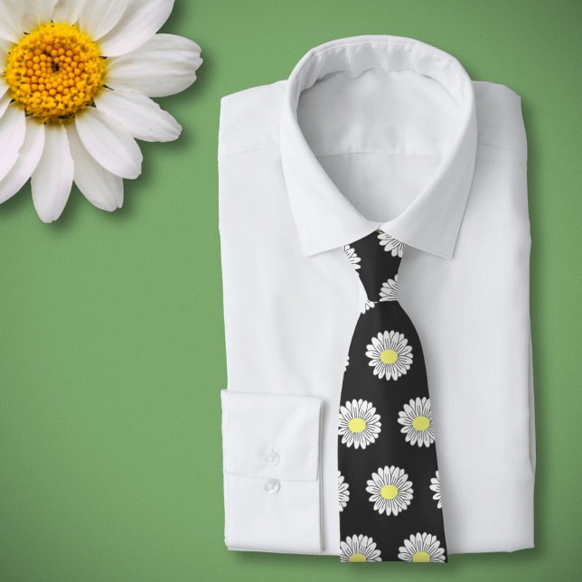 Botanical Daisy Pastel Flower Black Tie (Daisy Flower Black Neck Tie)