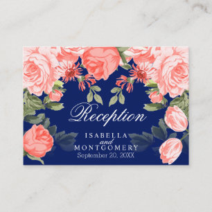 Botanical Dark Blue and Coral Flower  - Reception Enclosure Card