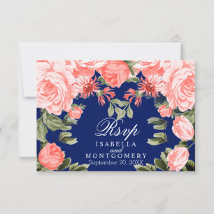 Botanical Dark Blue and Coral Flower - RSVP
